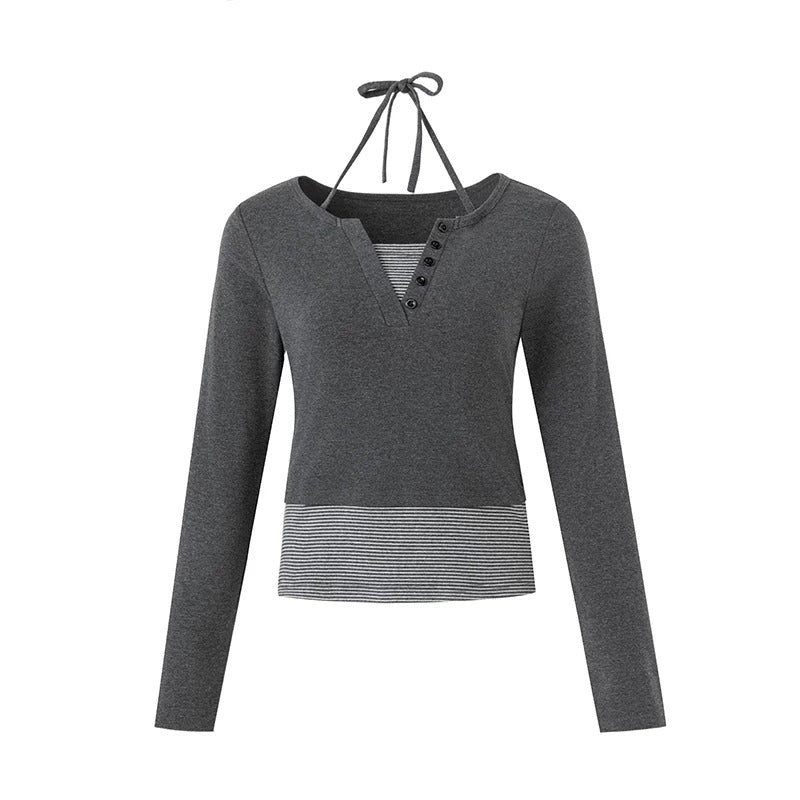 Striped Faux-Layer Halter Long Sleeve Top