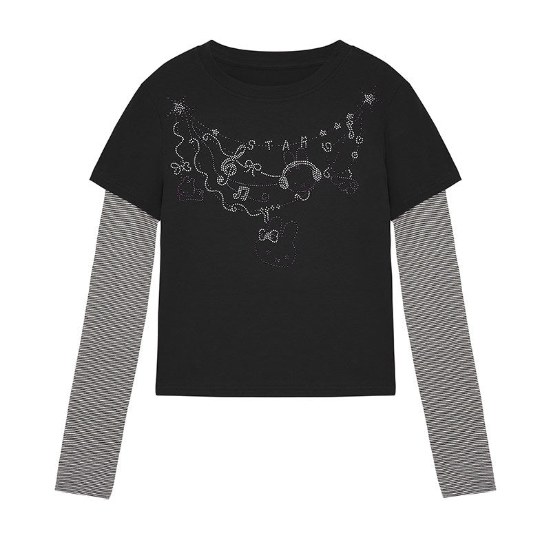 Rhinestone Melody Faux-Layer Stripe Long-Sleeve Tee