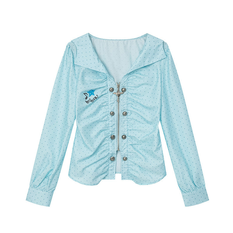 Mint Dot Ruched Zip-Front Long-Sleeve Blouse