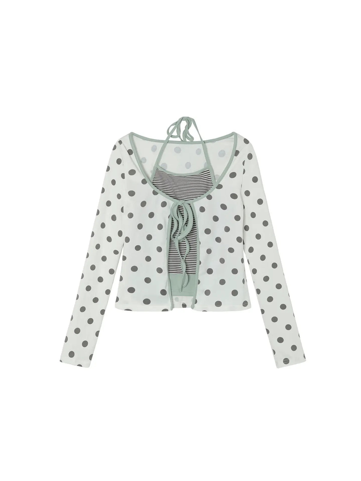 Polka Dot Tie-Front Layered Halter Long Sleeve Top