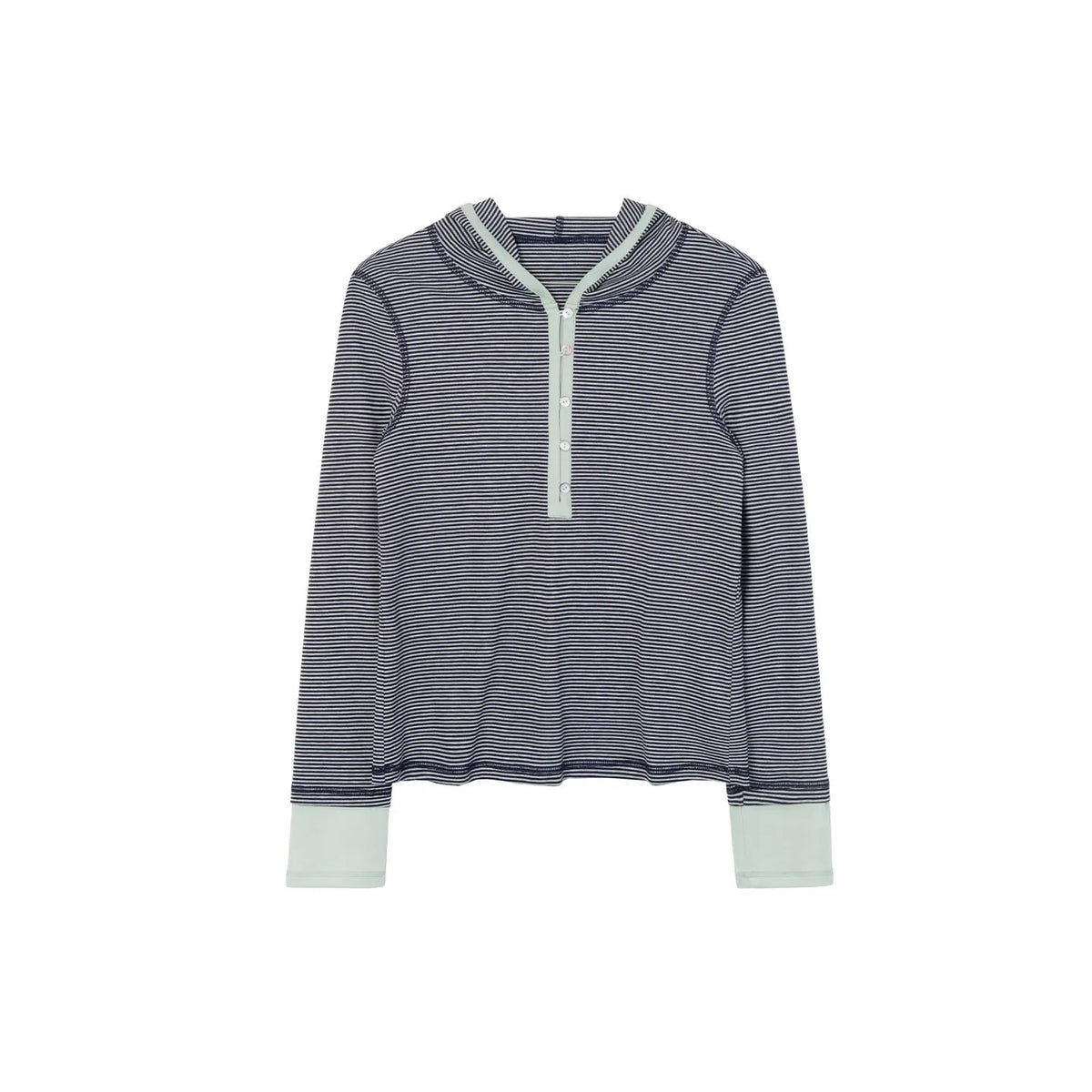 Blue-Gray Stripe Contrast Hooded Long Sleeve Top