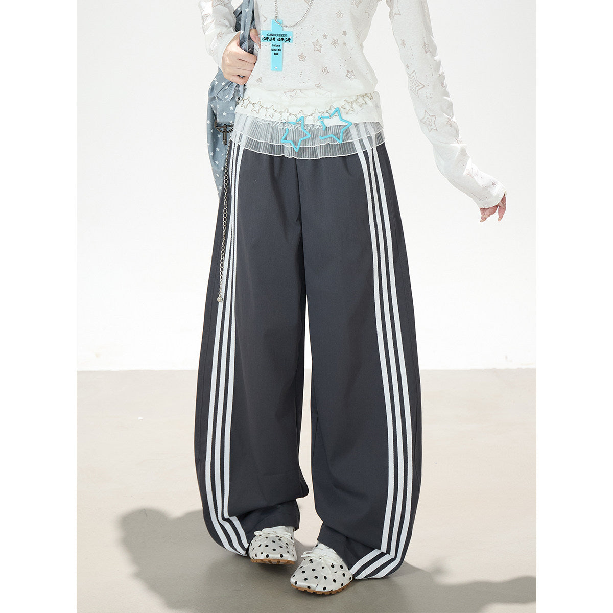 Ruffle Waist Side Stripe Wide-Leg Pants