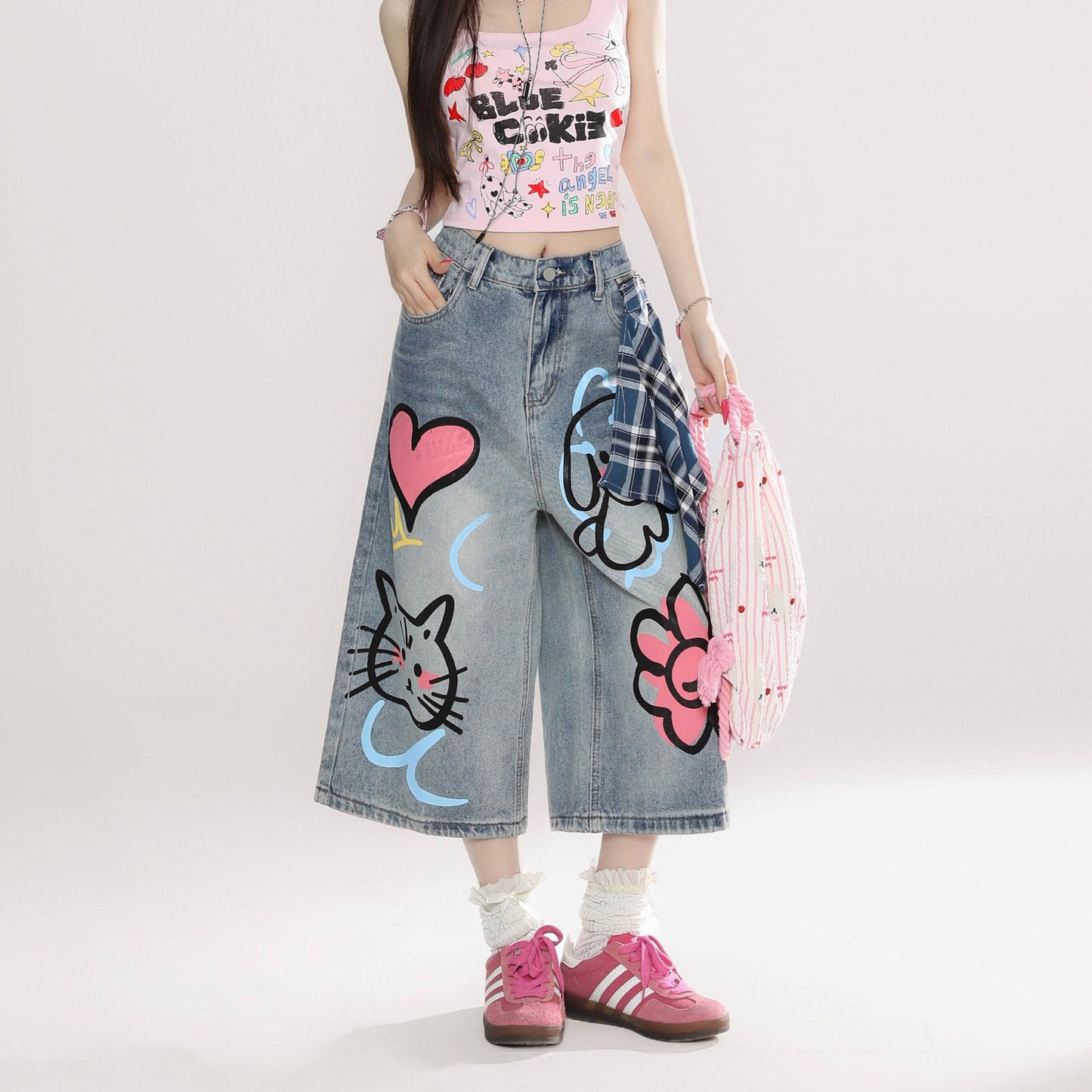Doodle Art Cropped Wide-Leg Jeans