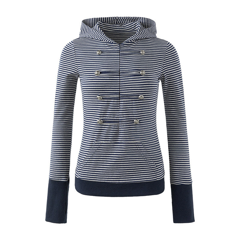 Navy Striped Military Button Hooded Top