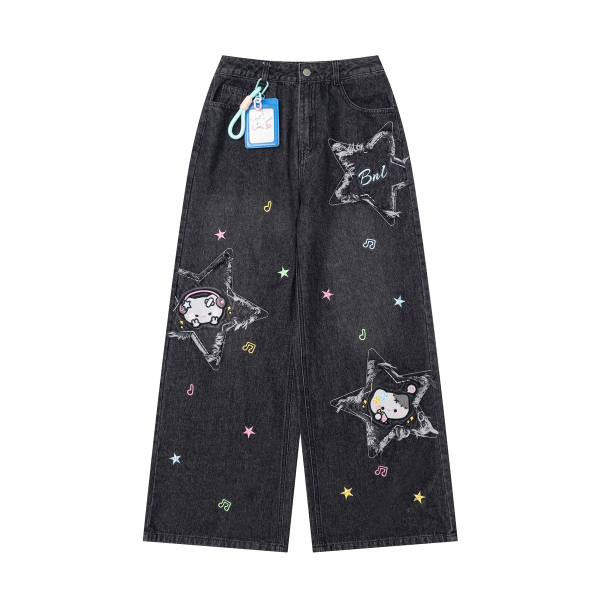 Star Cat Patch Wide-Leg Jeans with Card Holder Charm