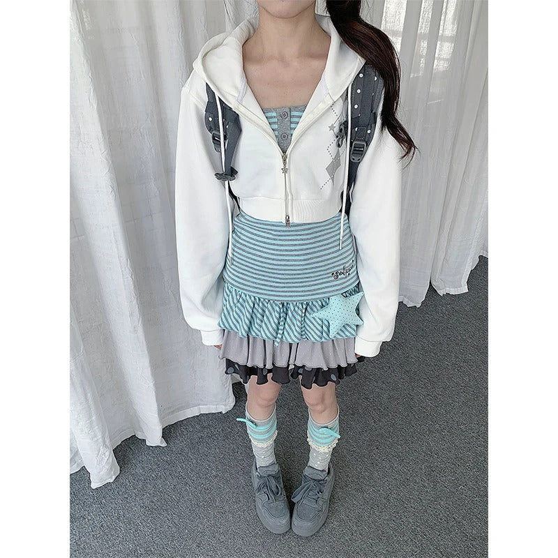 Striped Cami & Cropped Zip Hoodie Two-Piece Set