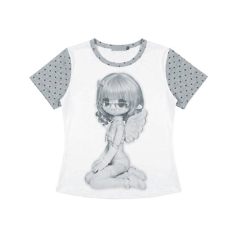Angel Girl Contrast-Sleeve Graphic Tee