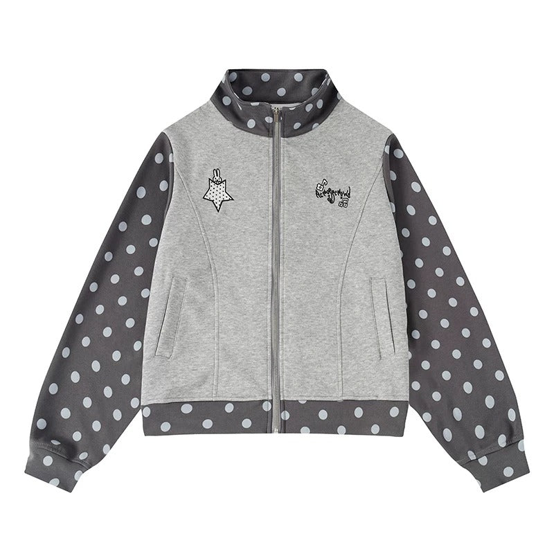 Polka Dot Contrast Embroidered Zip-Up Jacket