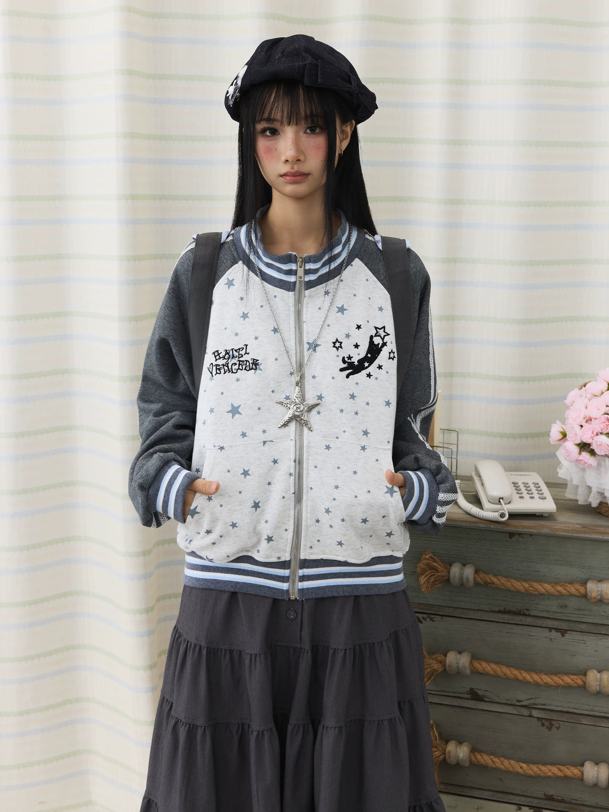 Star Contrast Zip-Up Hoodie