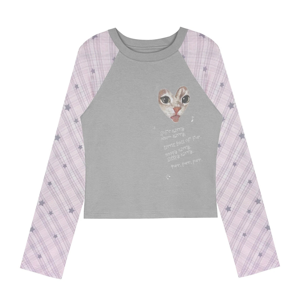 Gray-Pink Kitty Plaid Mesh Raglan Long-Sleeve Top