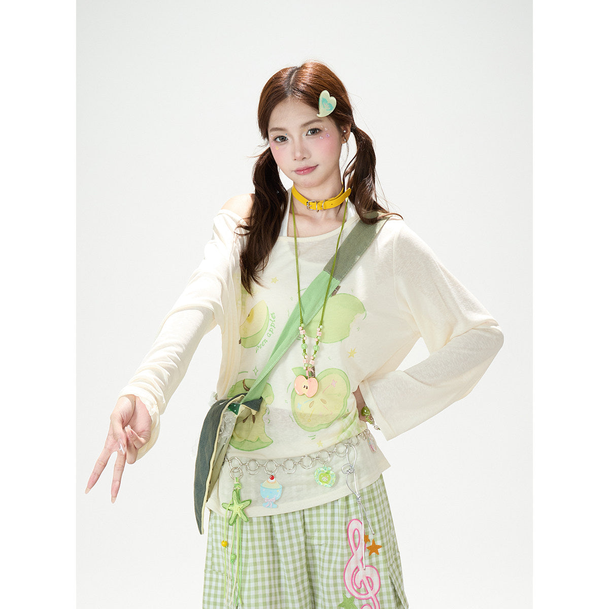Green Apple Sheer Top & Plaid Doodle Pants