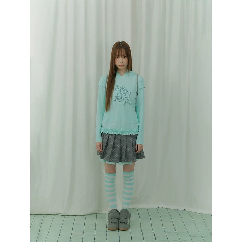 Rhinestone Graphic Faux-Layer Ruffle-Hem Hoodie