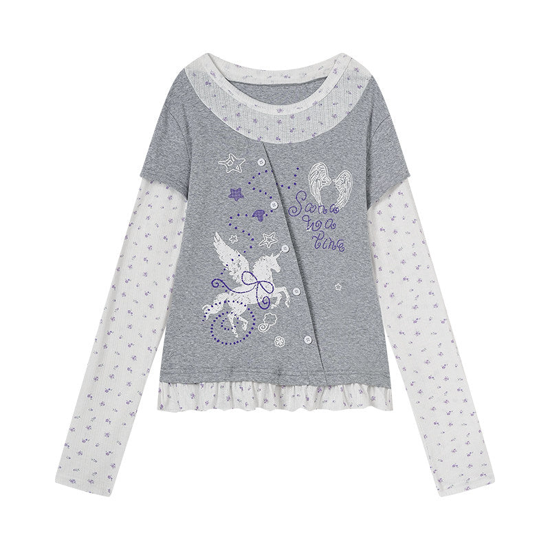 Lavender Wing Floral Faux-Layer Long-Sleeve Tee