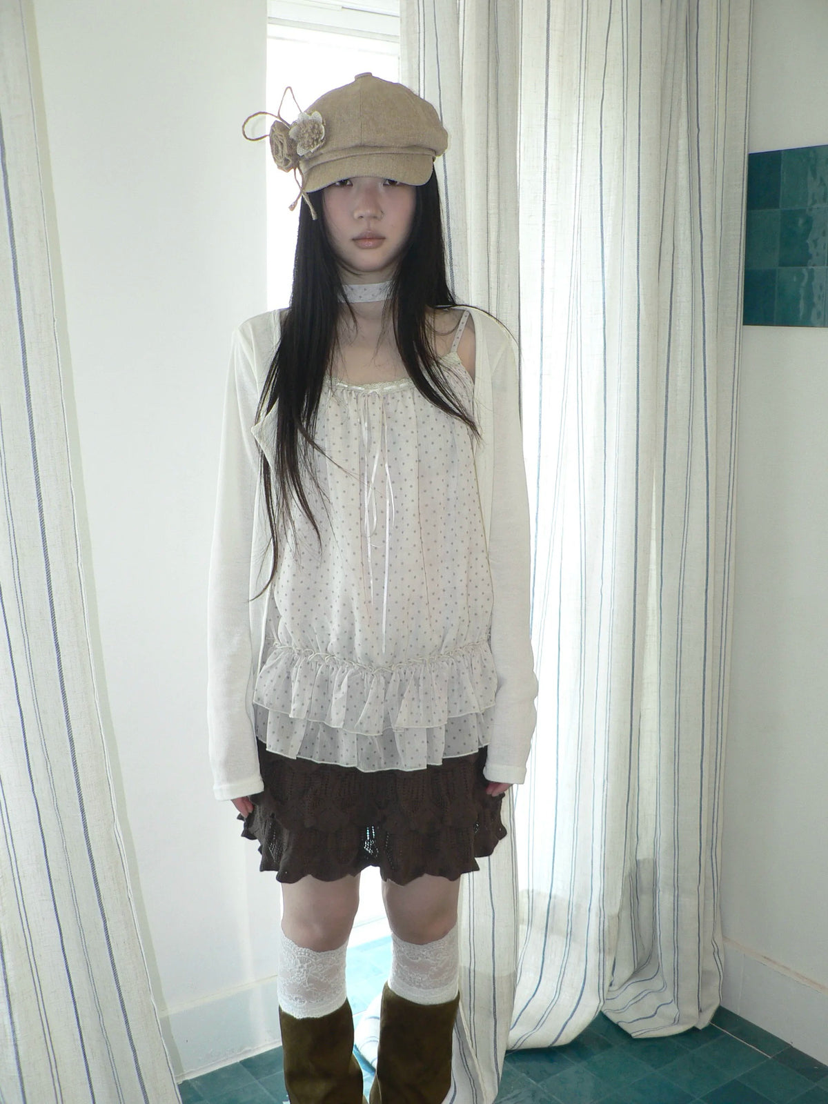 Polka Dot Ruffle Camisole & Cardigan Set with Scarf