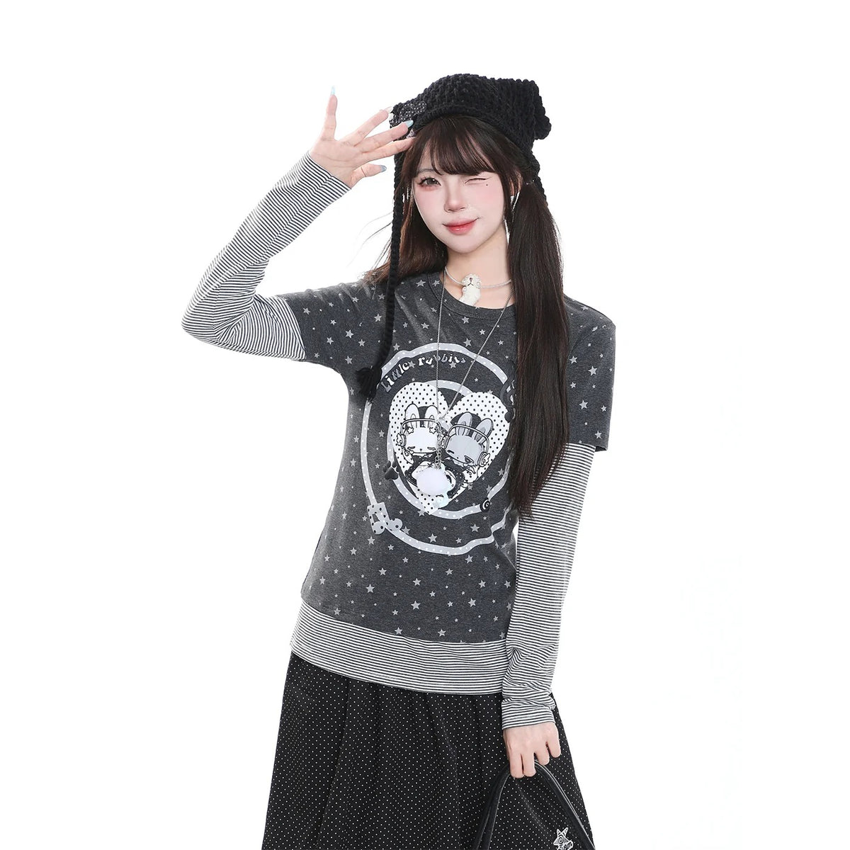 Cartoon Bunny Stripe Layered Long Sleeve Top & Black Polka-Dot Midi Skirt