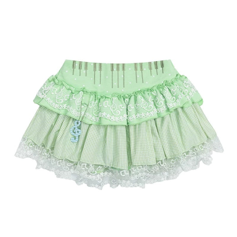 Striped Kitty Graphic V-Neck Tee & Layered Gingham Ruffle Skirt