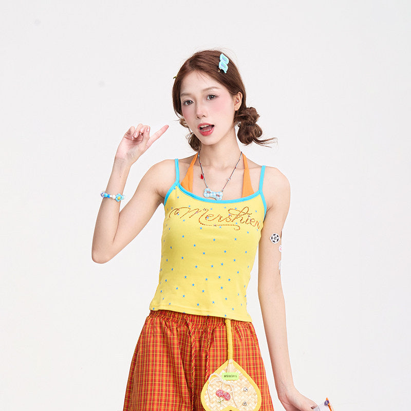 Starry Rhinestone Halter Cami & Plaid Wide-Leg Pants