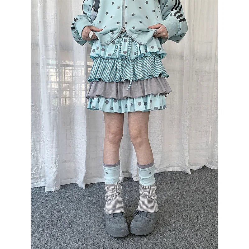 Polka Dot Stripe Tiered Mini Skirt