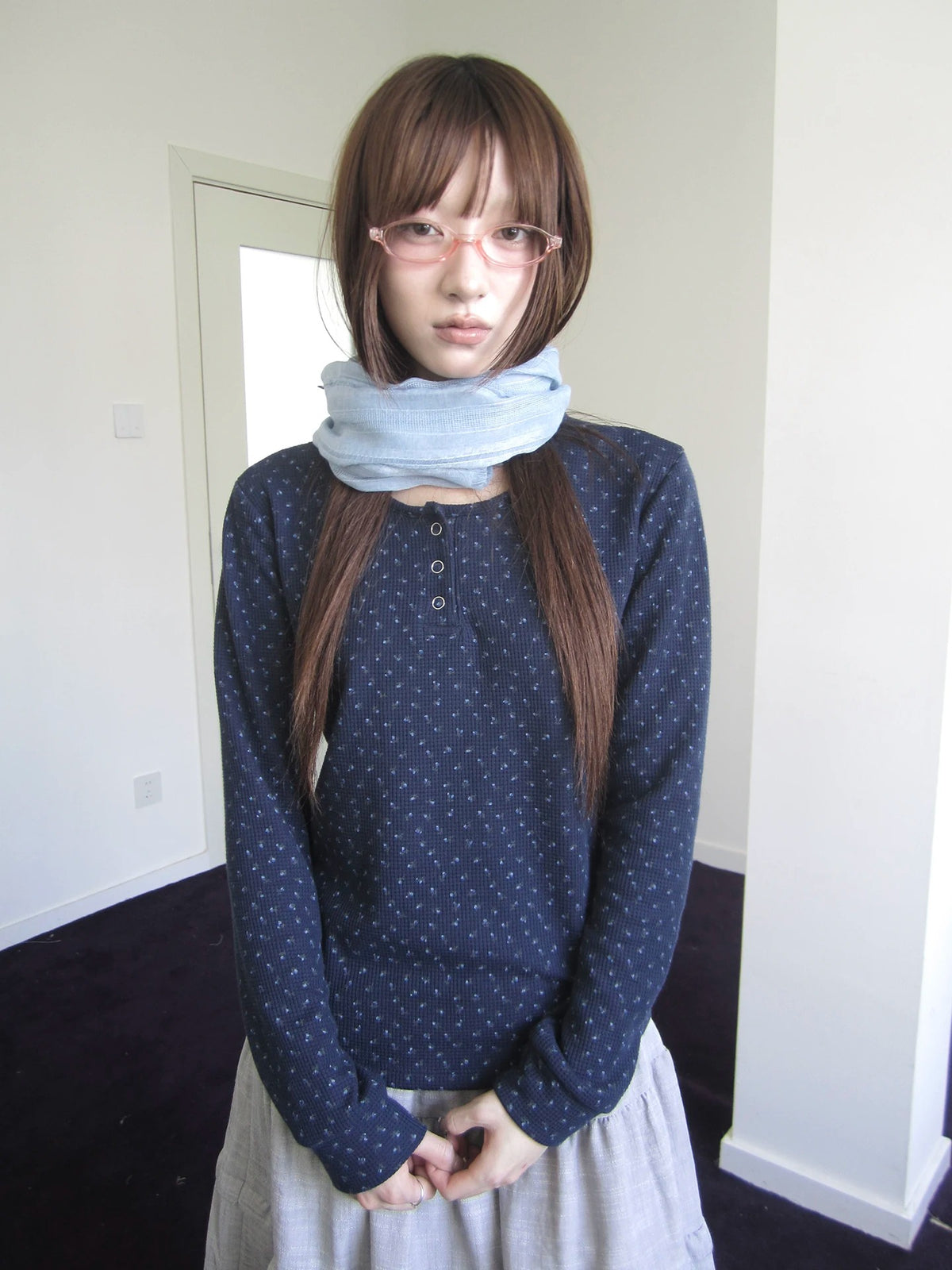 Tiny Floral Waffle Henley Long Sleeve Top