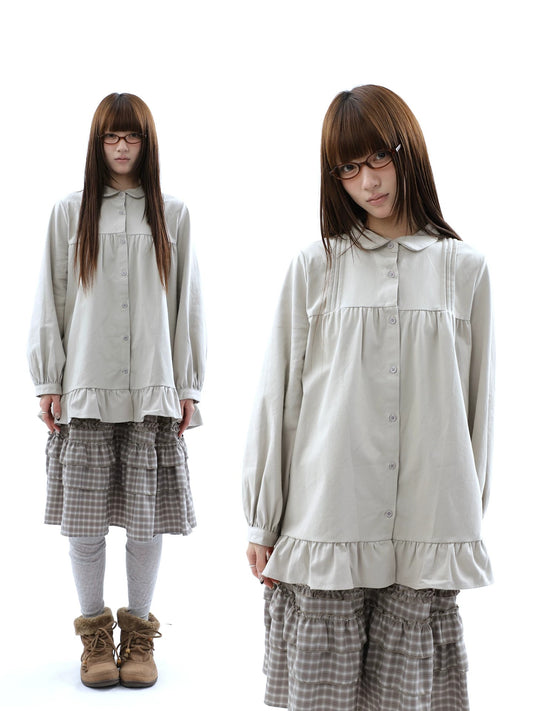 Pleated Ruffle Hem Button-Up Long Sleeve Blouse