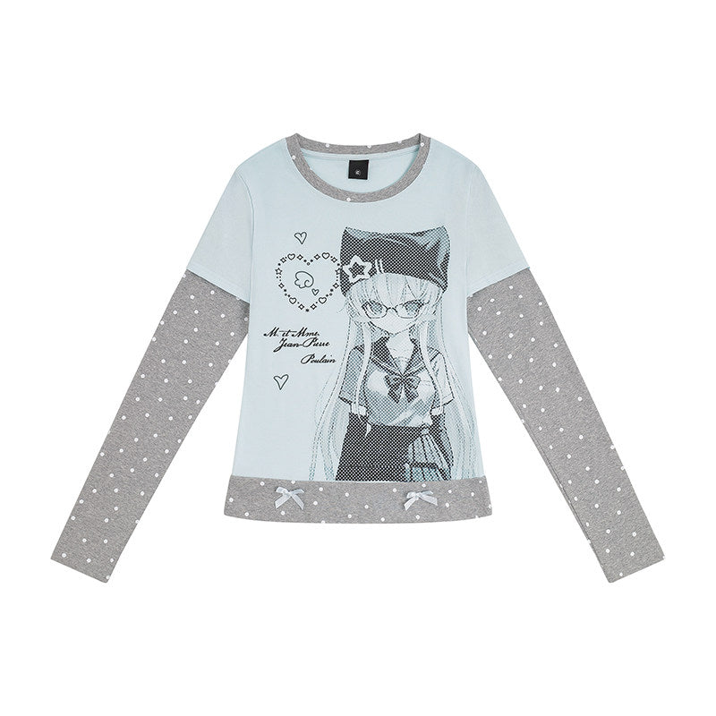 Polka Dot Faux-Layer Girl Graphic Long Sleeve Tee