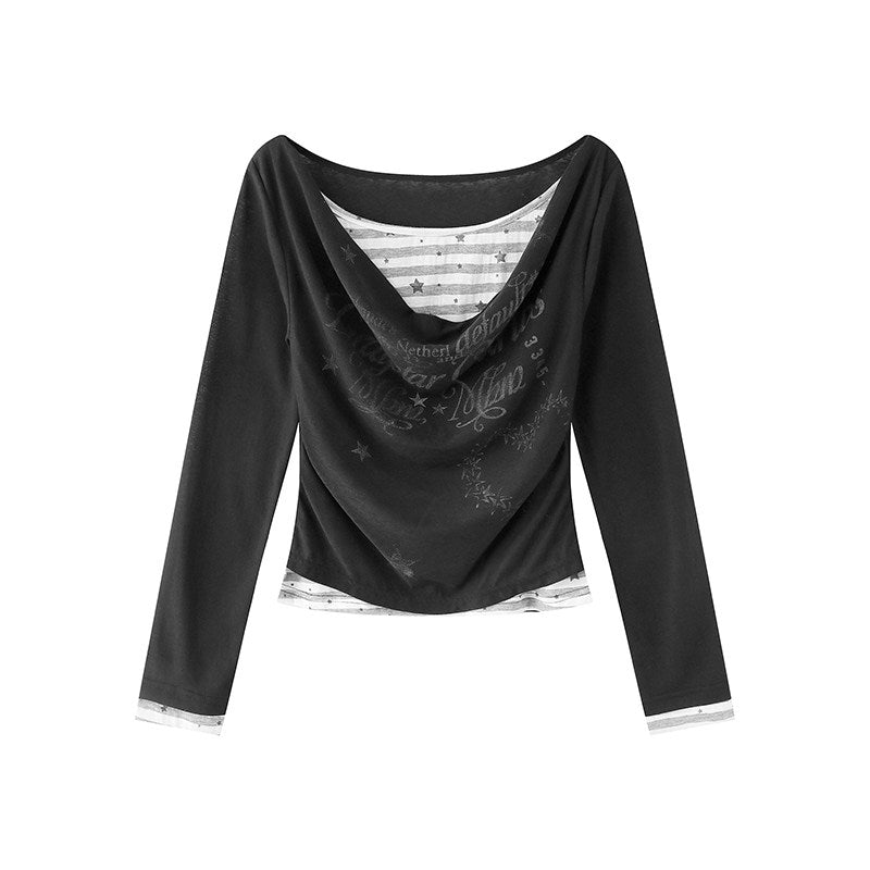 Star Stripe Cowl-Neck Faux-Layer Long Sleeve Top