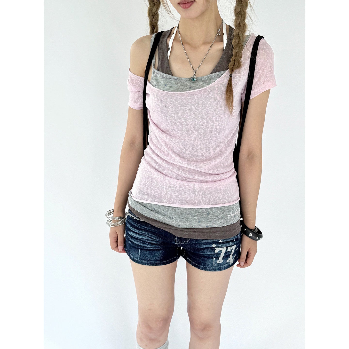 Pink Gray Triple-Layer Fitted Tee