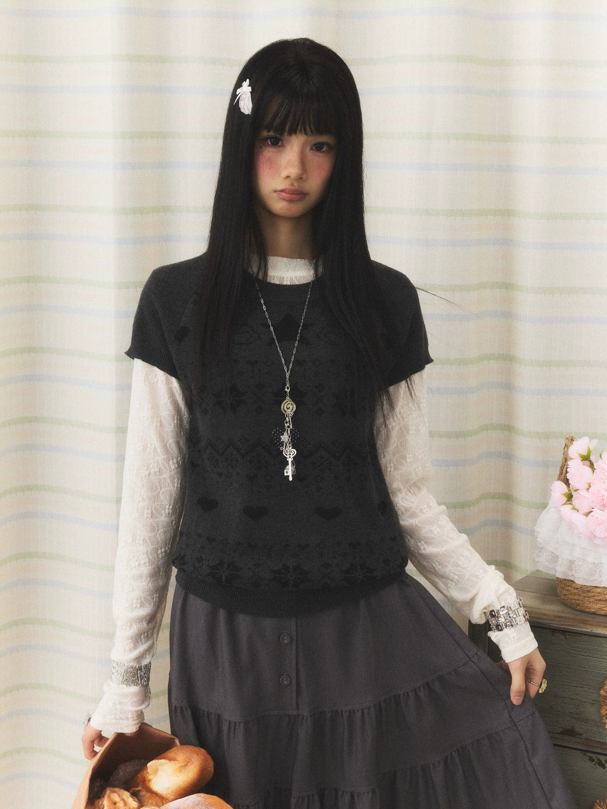 Floral Lace Long Sleeve & Jacquard Knit Short Sleeve Top