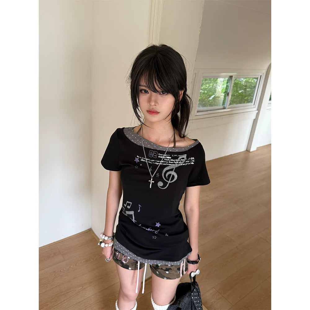 Asymmetric Music Note Faux-Layer Fitted Tee
