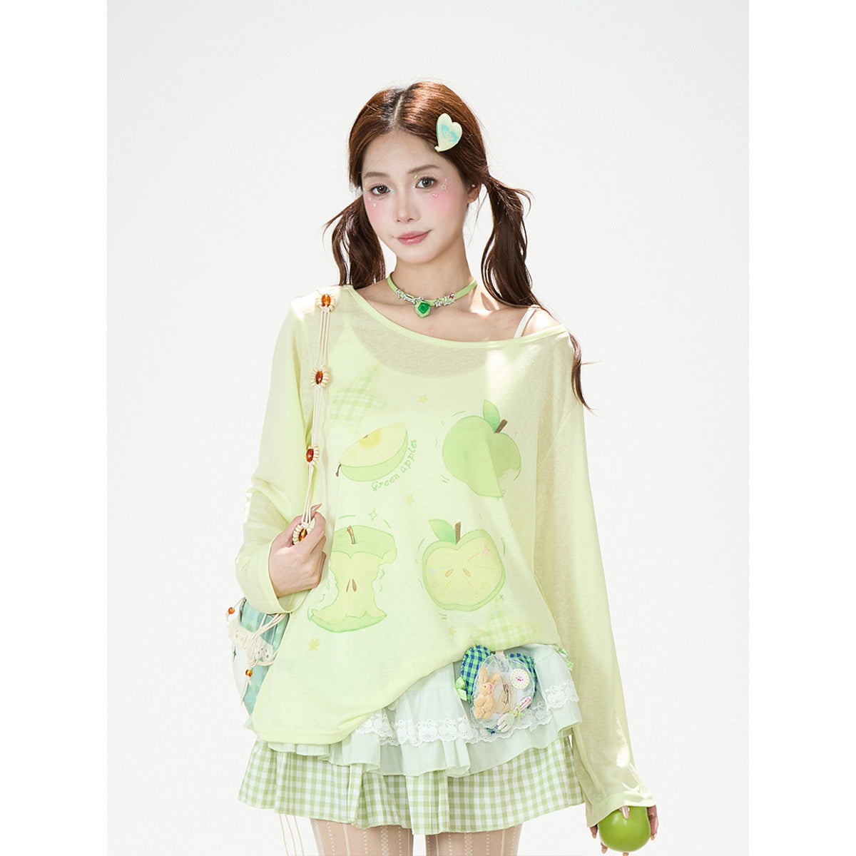 Green Apple Sheer Top & Plaid Doodle Pants