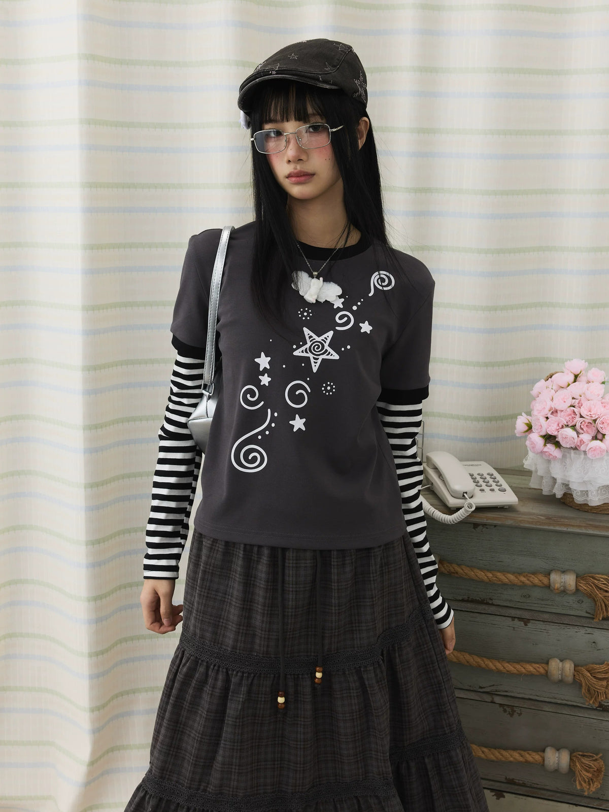 Star Swirl Striped Faux-Layer Long Sleeve Top