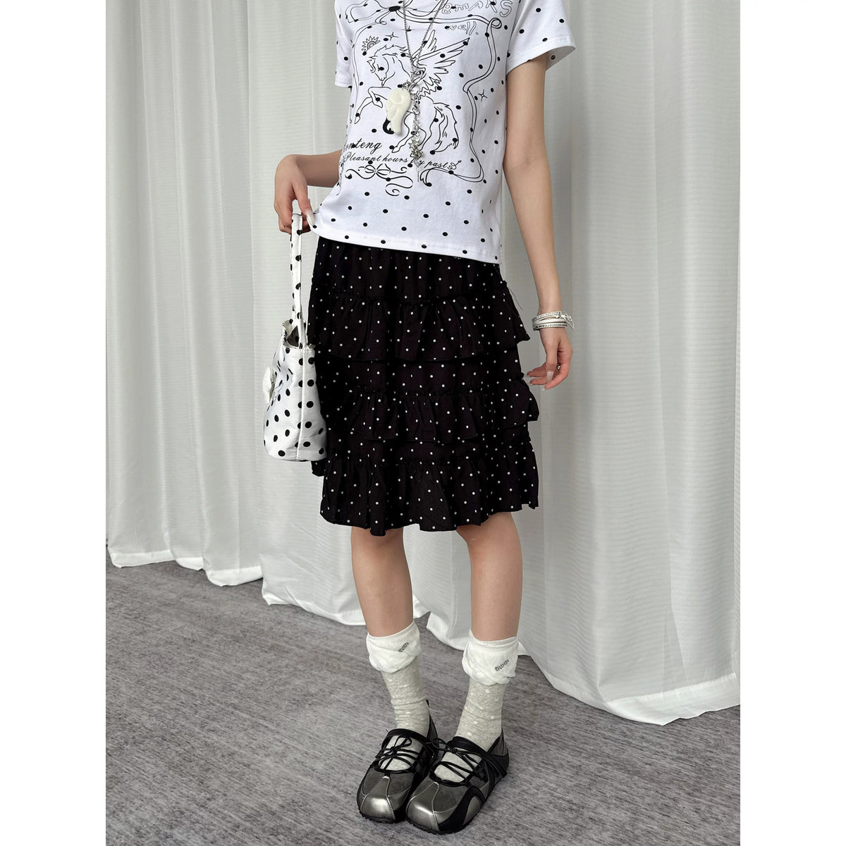 Paw Embroidered Polka Dot Tiered Midi Skirt
