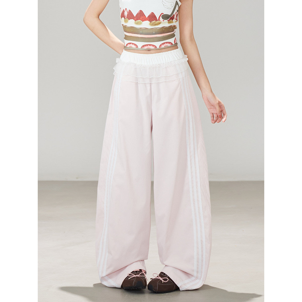Ruffle Waist Side Stripe Wide-Leg Pants