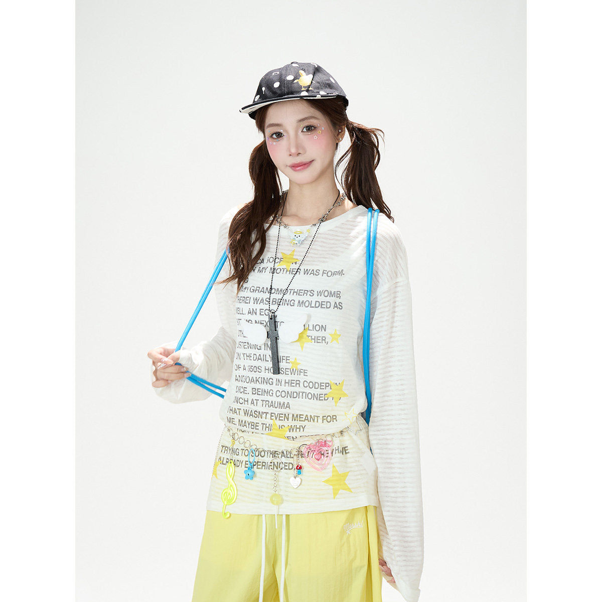 Star Stripe Sheer Long Sleeve Top & Gray Striped Drawstring Shorts