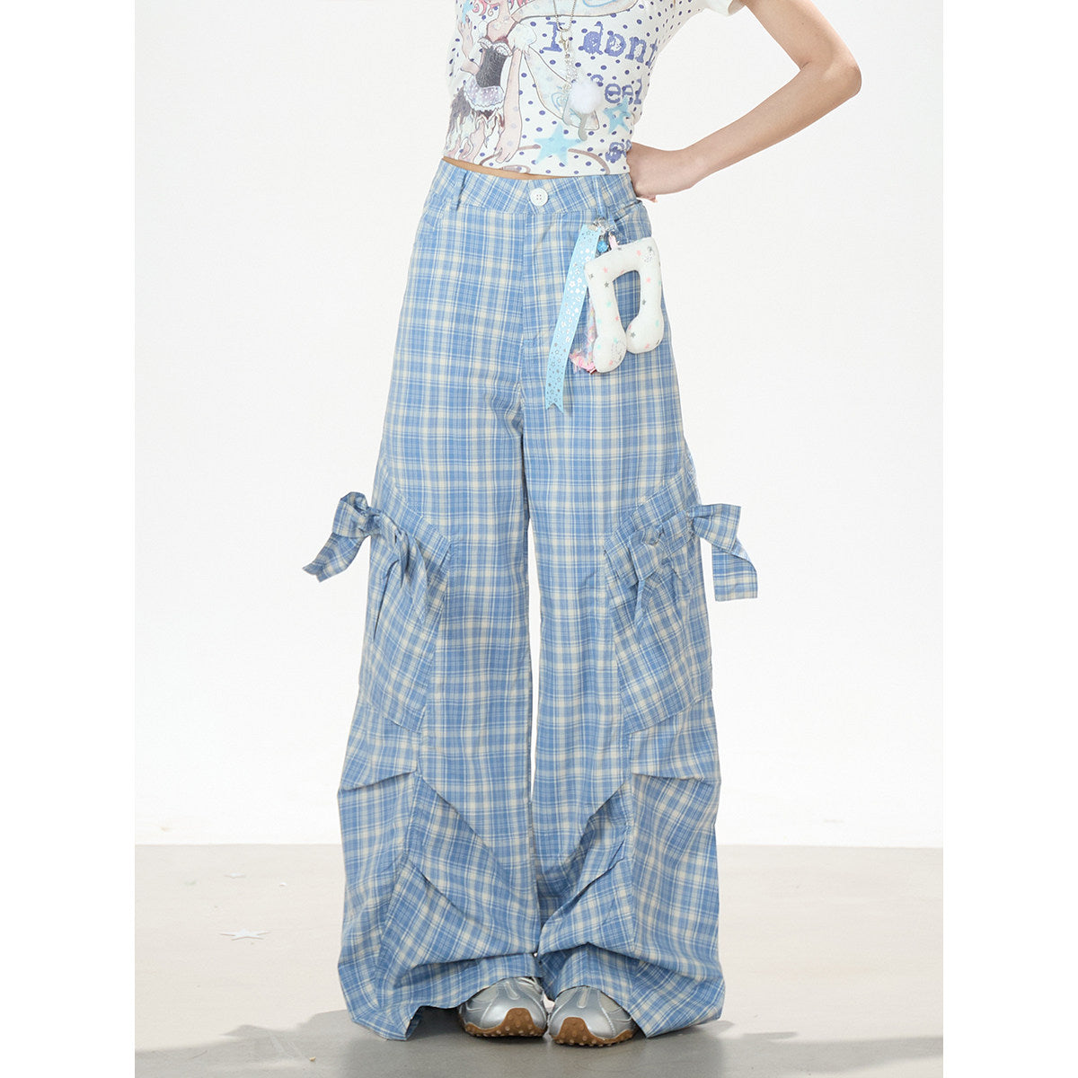 Bow Plaid Cargo Wide Leg Pants