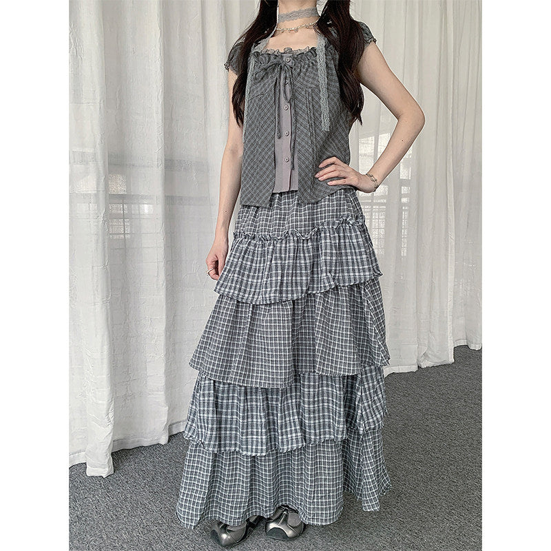 Gray Plaid Tiered Maxi Skirt