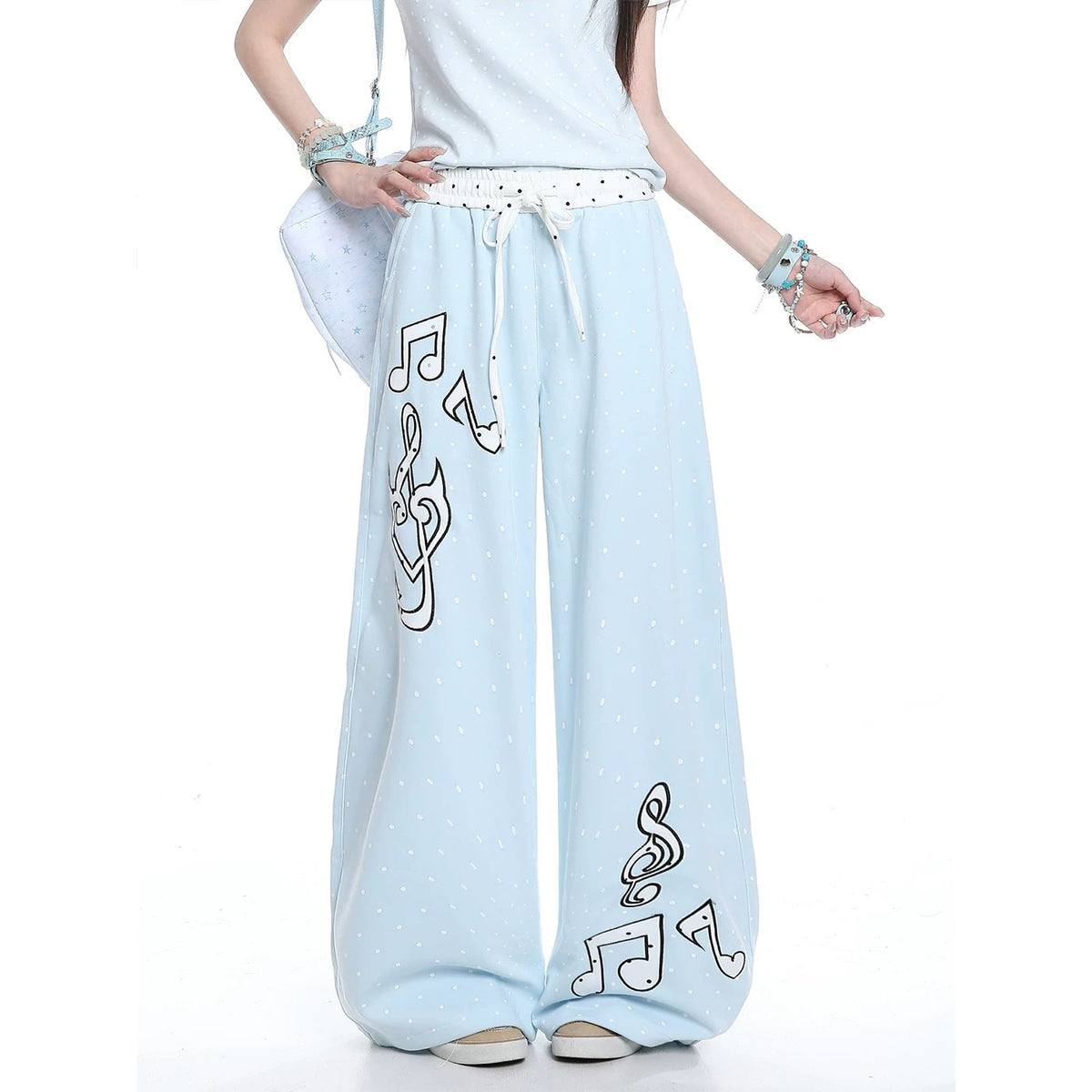 Polka-Dot Music Note Embroidered Wide-Leg Pants