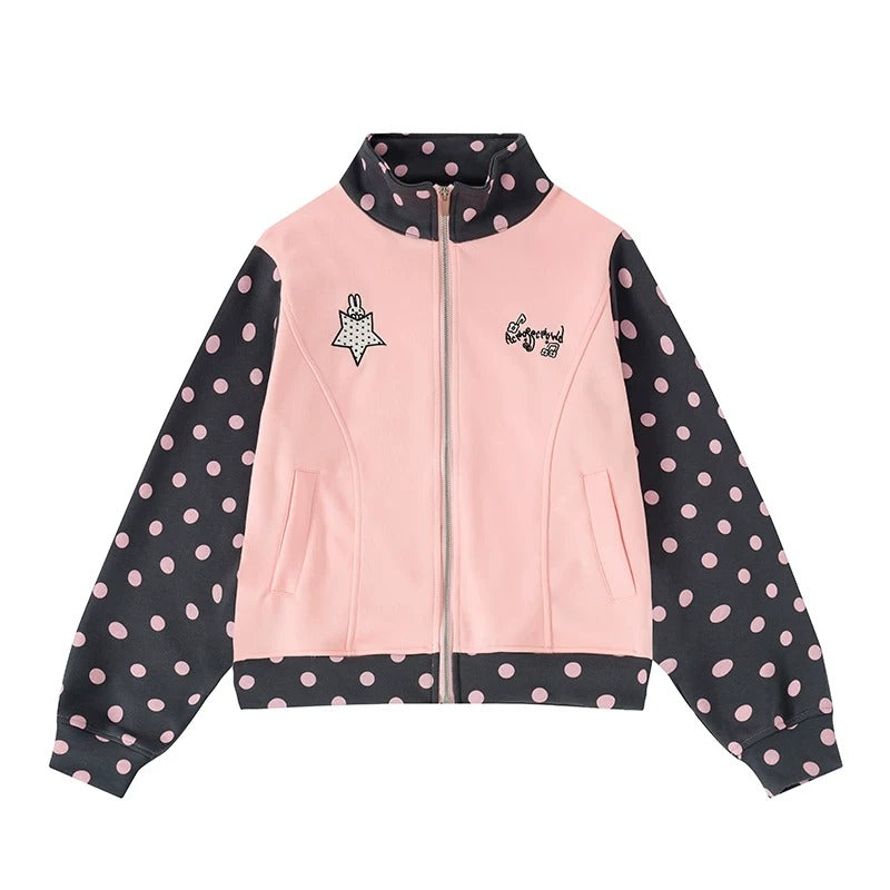 Polka Dot Contrast Embroidered Zip-Up Jacket