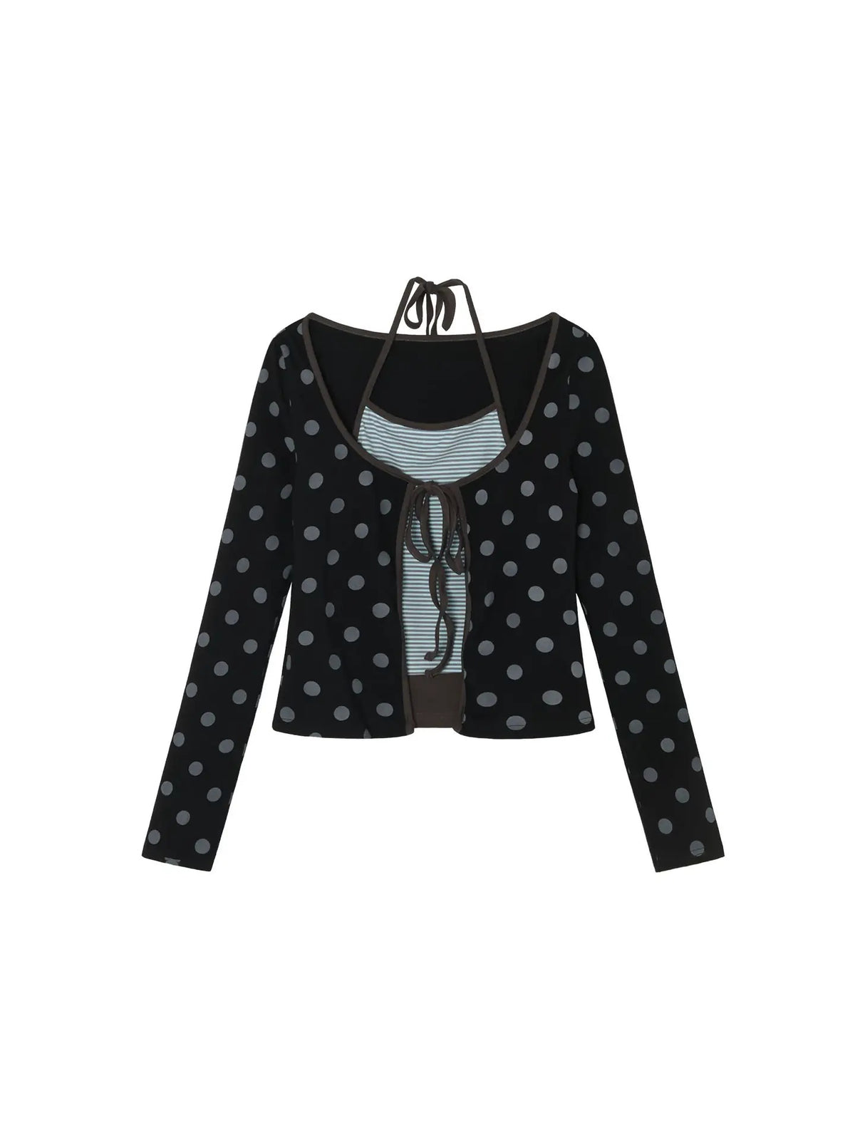 Polka Dot Tie-Front Layered Halter Long Sleeve Top