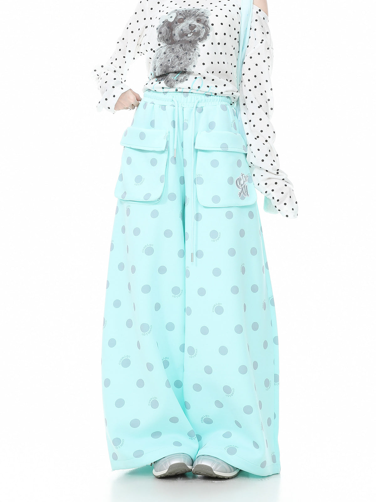 Polka Dot Utility Pocket Wide-Leg Sweatpants