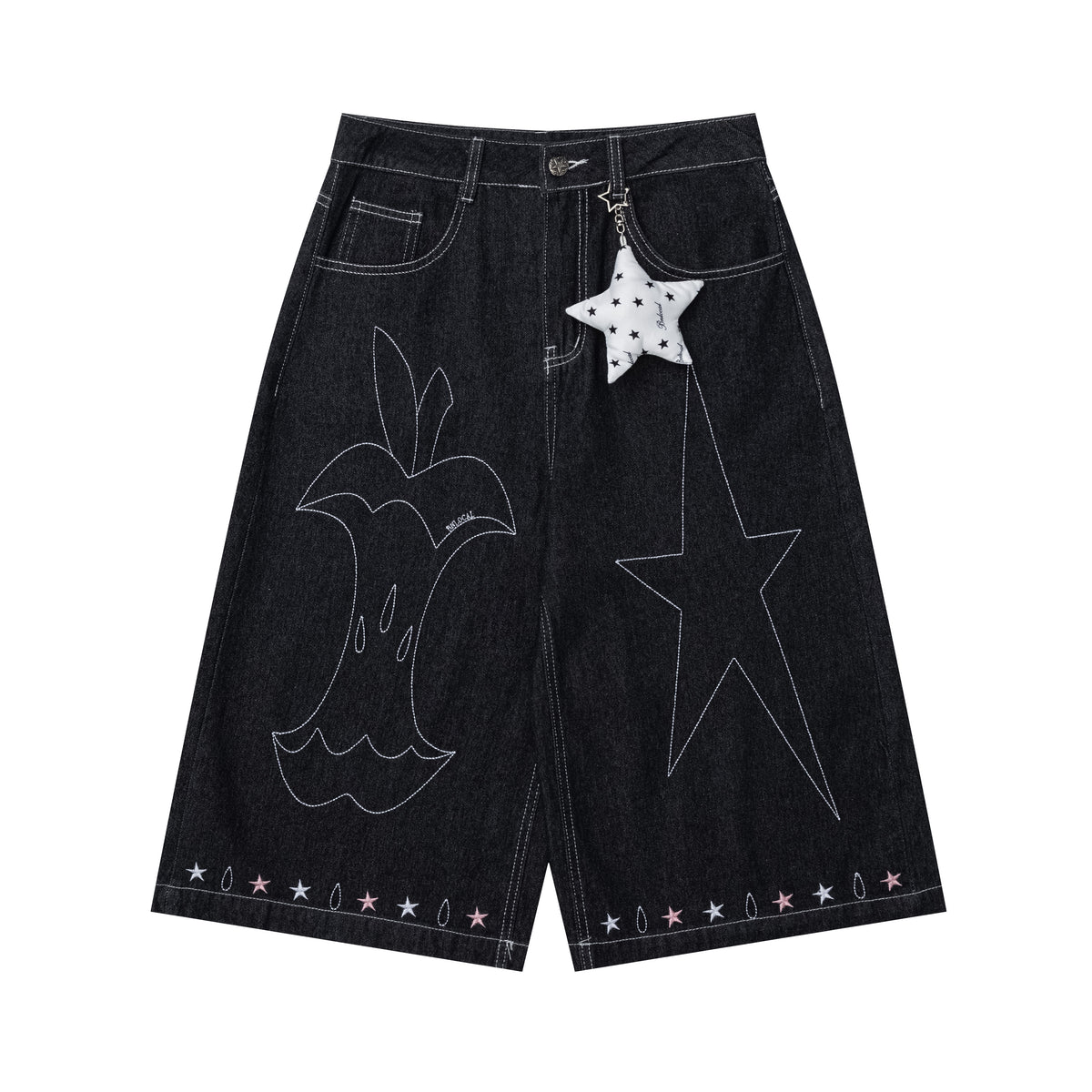 Star Embroidered Denim Capri Pants with Charm