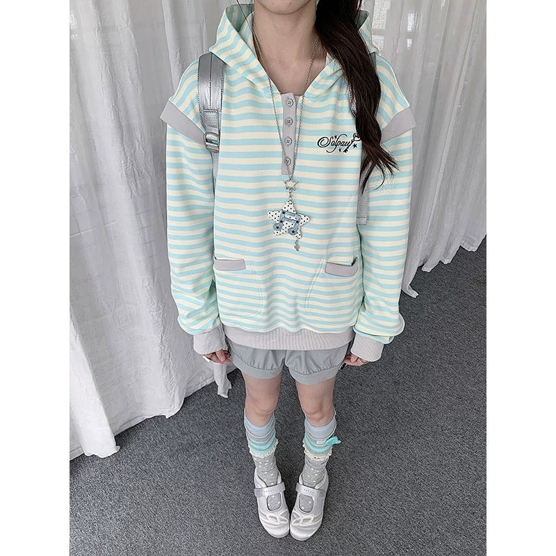 Striped Half-Placket Hooded Pullover