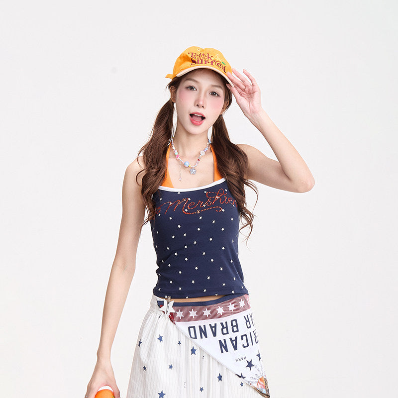 Starry Rhinestone Halter Cami & Plaid Wide-Leg Pants