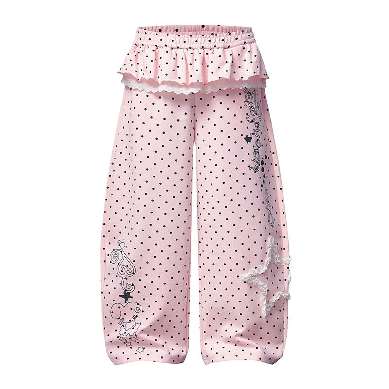 Polka Dot Lace Ruffle-Layer Wide-Leg Pants