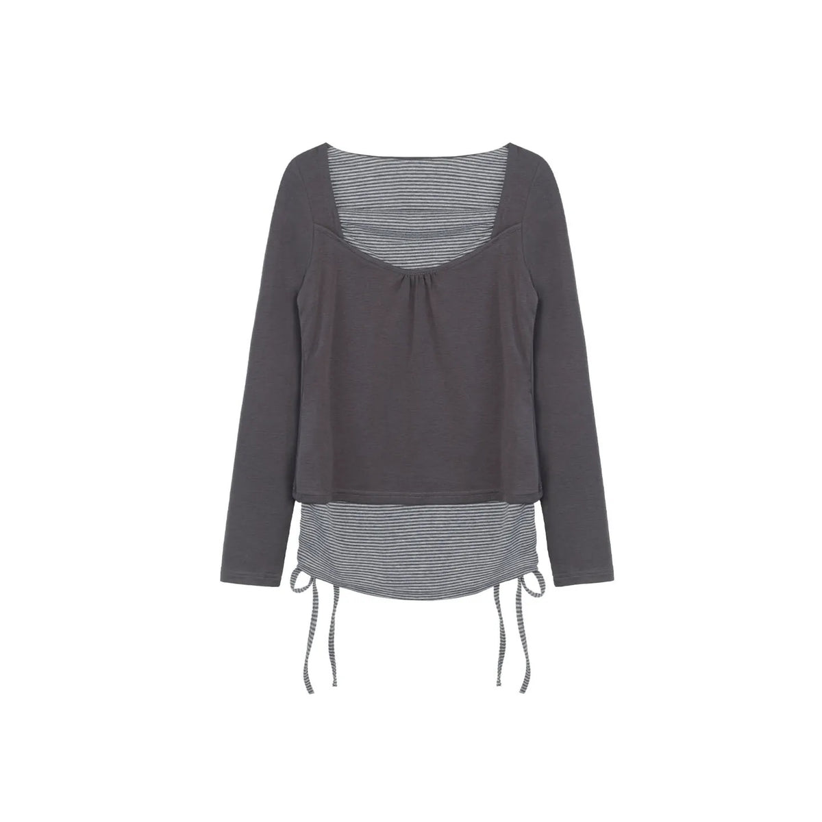 Striped Square-Neck Faux-Layer Drawstring Long Sleeve Top