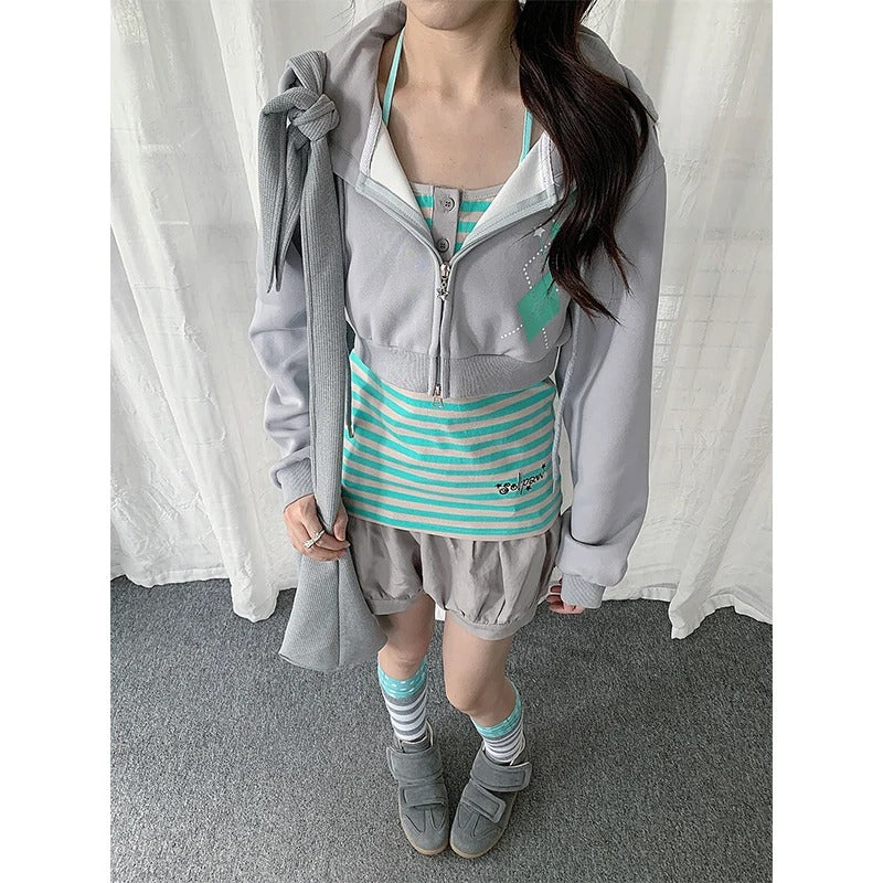 Striped Cami & Cropped Zip Hoodie Two-Piece Set