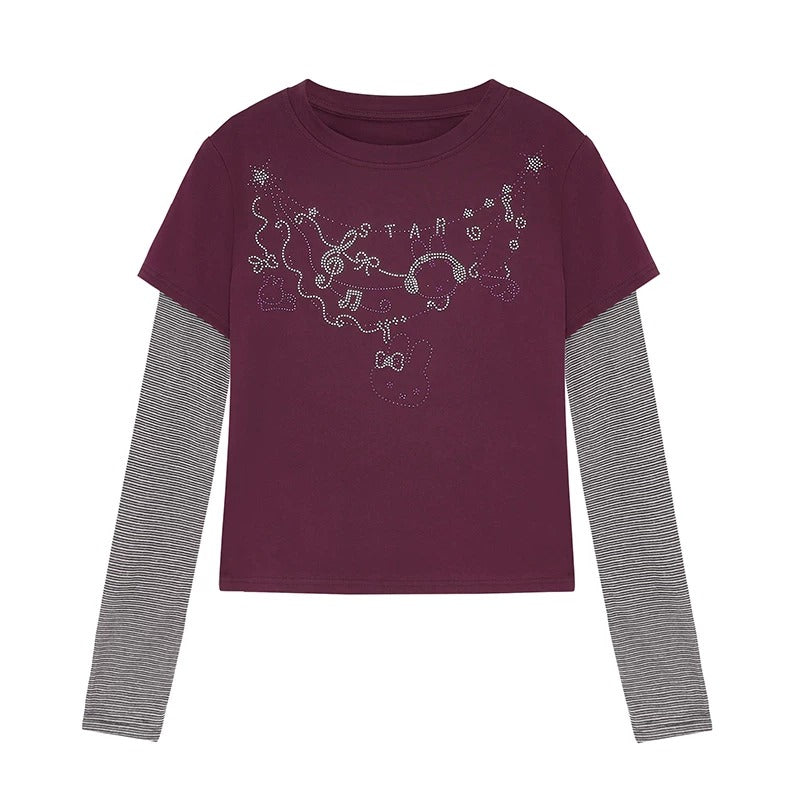 Rhinestone Graphic Faux-Layered Long Sleeve Top