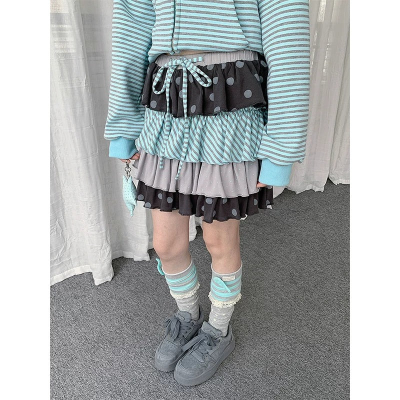 Polka Dot Stripe Tiered Mini Skirt