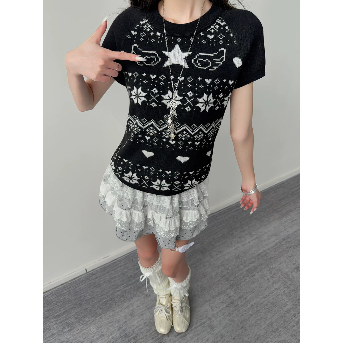 Vintage Jacquard Knit Short Sleeve Top