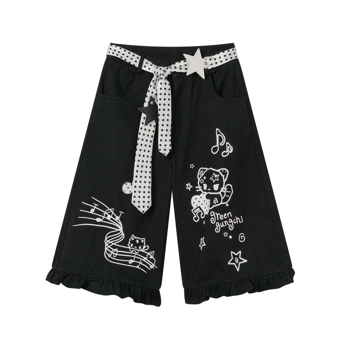 Music Cat Ruffle Capri Jeans with Star Belt